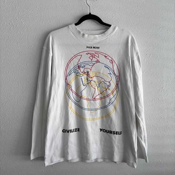 Pyer Moss "Civilize Yourself" White Long Sleeve Shirt - Picture 1 of 6